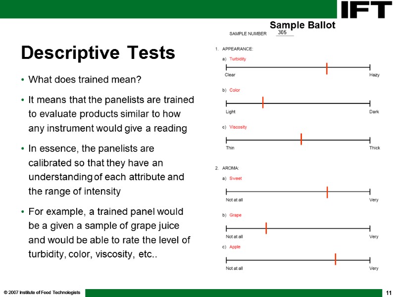 © 2007 Institute of Food Technologists 11 Descriptive Tests What does trained mean? It